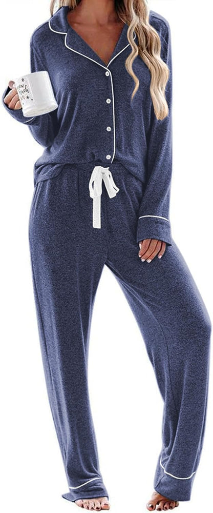 Women's Long Sleeve Pajama Set - Casual Button-Down Loungewear, Soft Sleepwear with Notch Collar, Elastic Waist Pants, Side Pockets, Adjustable Drawstring, Ideal for Maternity and Postpartum