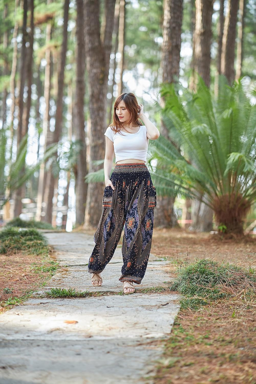 Boho Harem Pants Women | Smocked Elastic Waist and Ankles, Two Side Pockets, Breathable 100% Rayon, Flowy Fit, Yoga, Beach & Travel, Hippie Clothes
