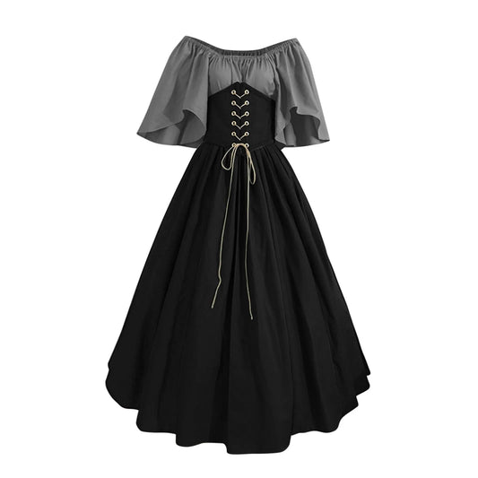 Women's Plus Size Renaissance Faire Dresses - Medieval Irish Traditional Corset Gown with Ruffle Overlay for Retro Cosplay