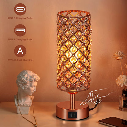 Pink Crystal Table Lamp, 3 Way Dimmable Touch Lamps for Night Stands | Rose Gold, Touch Control, USB C+A Charging Port, Desk Lamps for Girls Bedroom, Living Room, Home Office, Room Decor