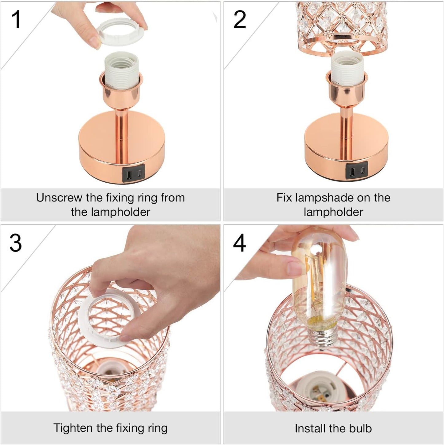 Pink Crystal Table Lamp, 3 Way Dimmable Touch Lamps for Night Stands | Rose Gold, Touch Control, USB C+A Charging Port, Desk Lamps for Girls Bedroom, Living Room, Home Office, Room Decor