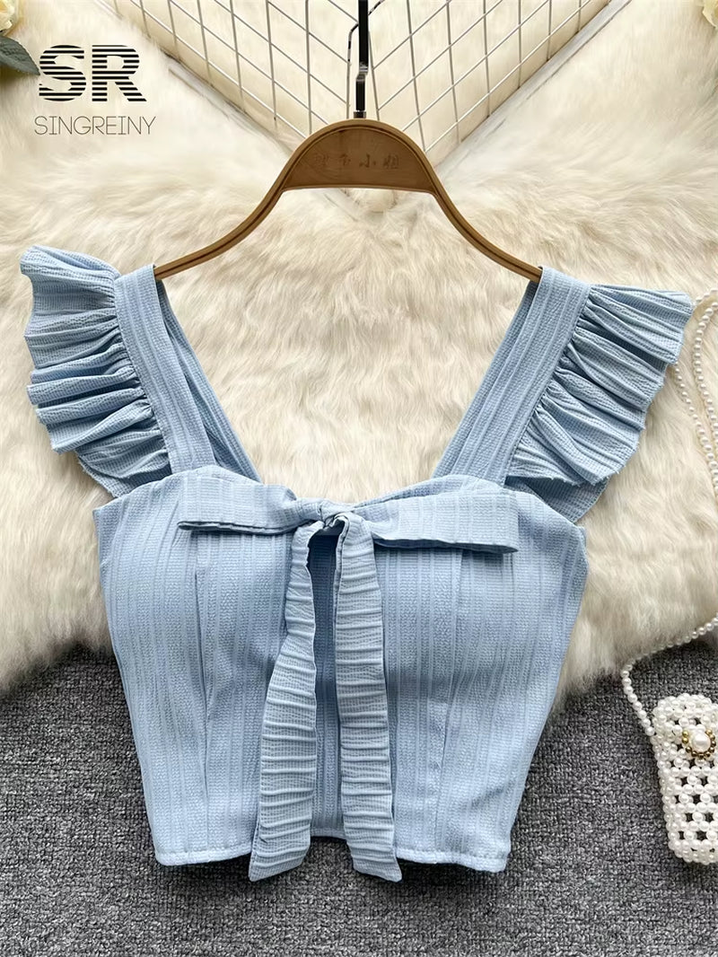 SINGREINY Women's Summer Solid Ruffled Camisole with Square Neck and Sleeveless Design, Bow Detail, and Elastic Waist - Elegant Korean-Inspired Short Tank Top