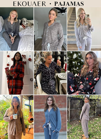 Women's Long Sleeve Pajama Set - Casual Button-Down Loungewear, Soft Sleepwear with Notch Collar, Elastic Waist Pants, Side Pockets, Adjustable Drawstring, Ideal for Maternity and Postpartum